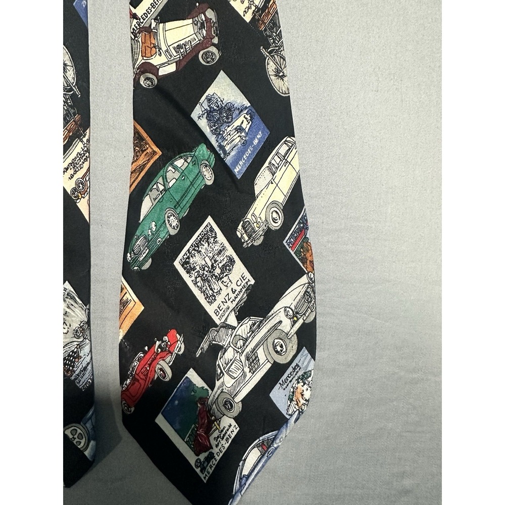 VTG Nicole Miller Mercedes-Benz Car Tie Mens Black Silk Retro Hand Sewn 1995